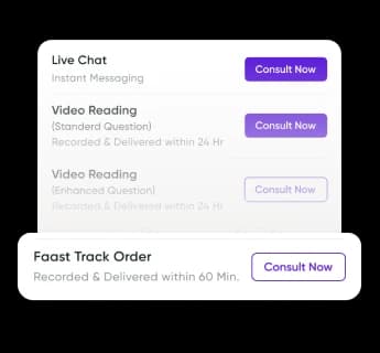 Reading options in the app: live chat, standard and enhanced video readings, and a fast track order.