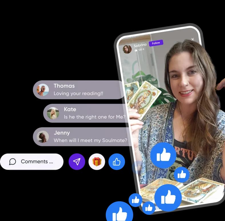 A psychic advisor holding tarot cards during a live stream, with viewer questions and likes appearing on screen.