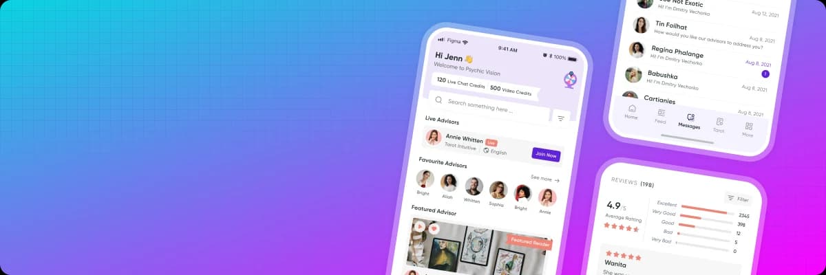 Psychic Vision app screens showing live advisors, a message inbox and customer reviews.